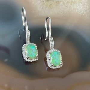 Opal earrings Sterling silver cz fire October birthstone